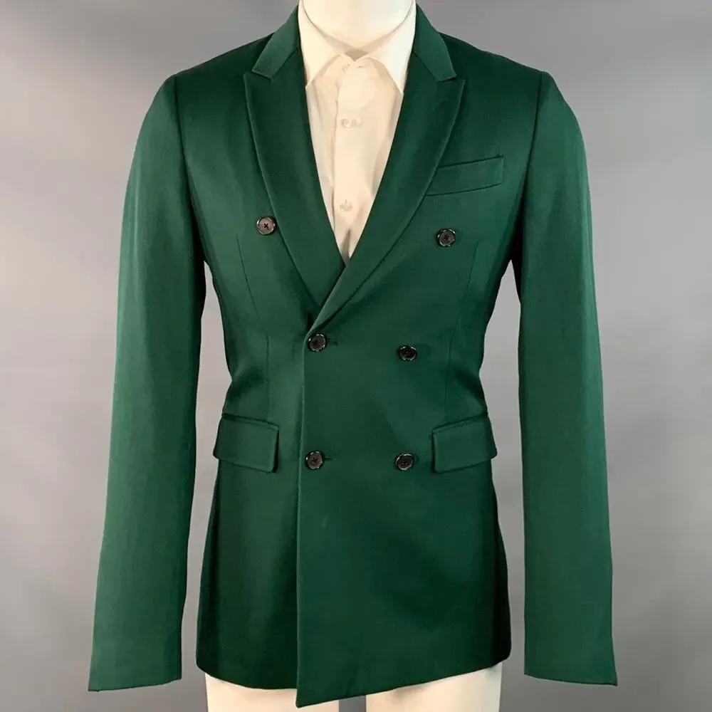 CALVIN KLEIN 205W39NYC 36 Green Wool Twill Double Breasted Peak Lapel Sport Coat